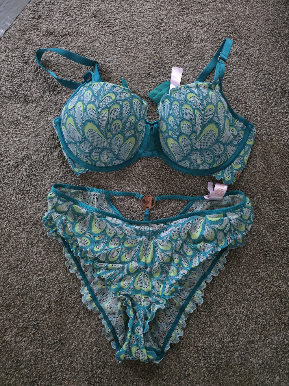 Savage X Fenty Teal & Lime Lace-Print Bra and Panty Set